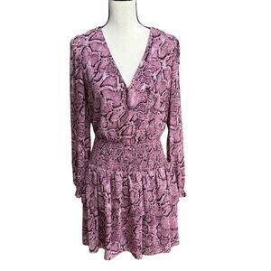1. STATE Pink Purple Snake Print Smocked Ruffle Mini Dress Small S Long Sleeve